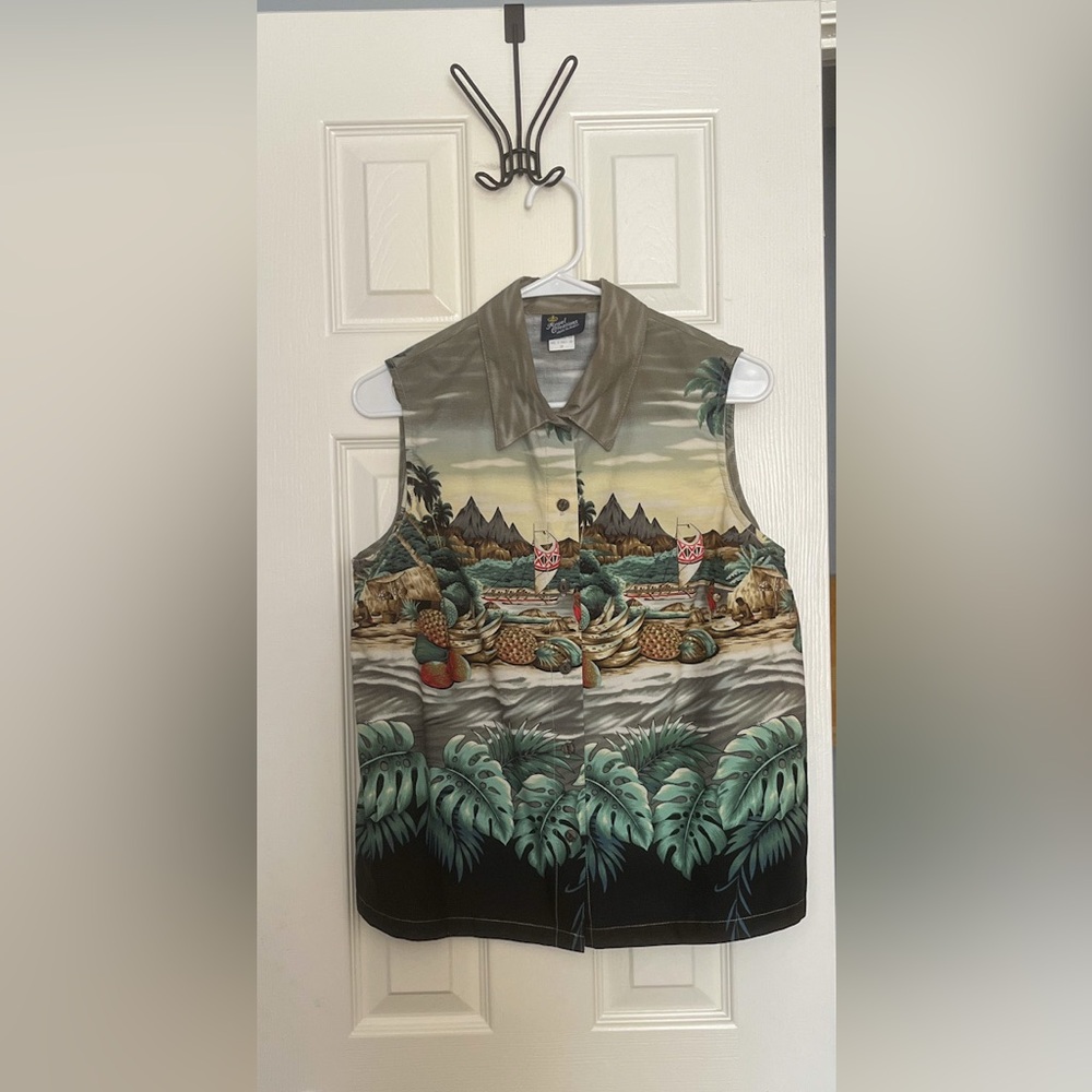 Tommy Bahama Sleeveless Button-Down Hawaiian Print Shirt - Green Multi - Picture 2 of 7